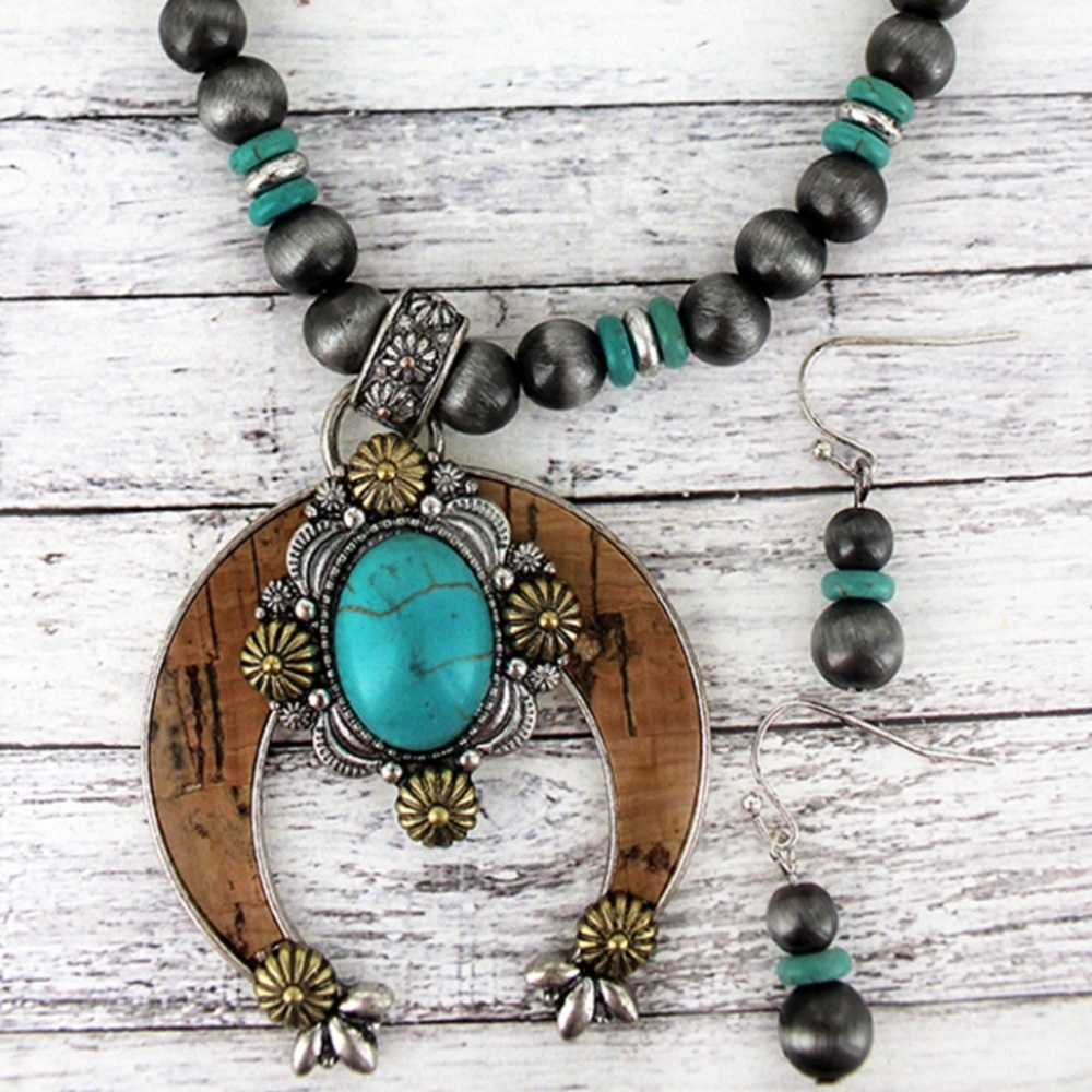 🌻 CORK & TURQUOISE BOHO NECKLACE SET W/EARRINGS🌻